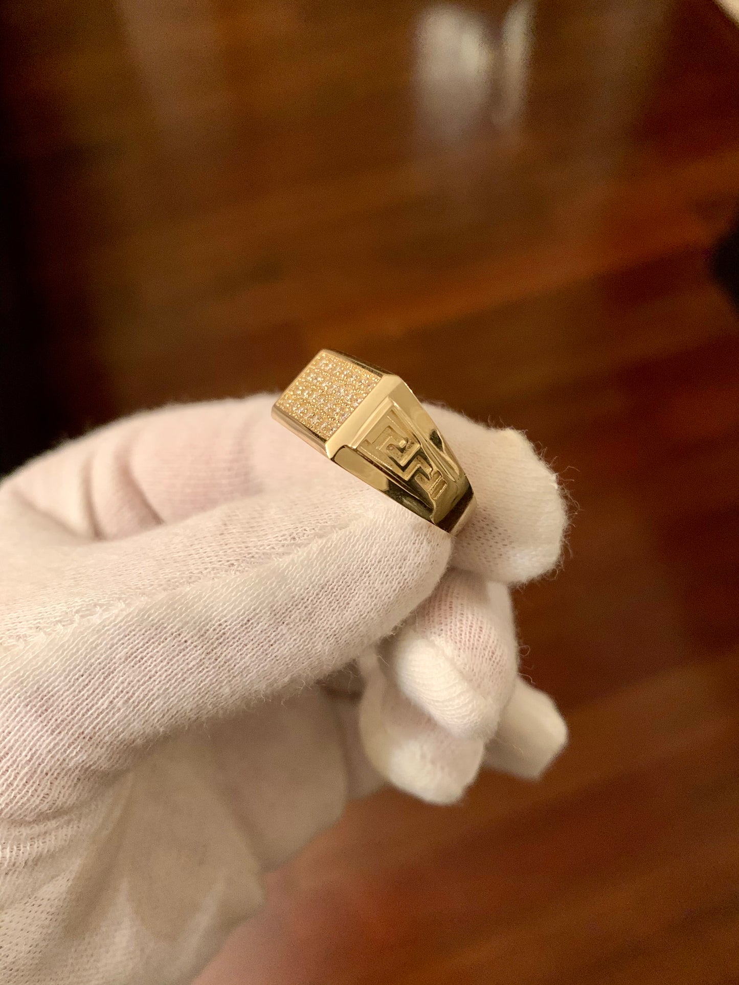 Rectangular Diamond Ring With Greek Key Band