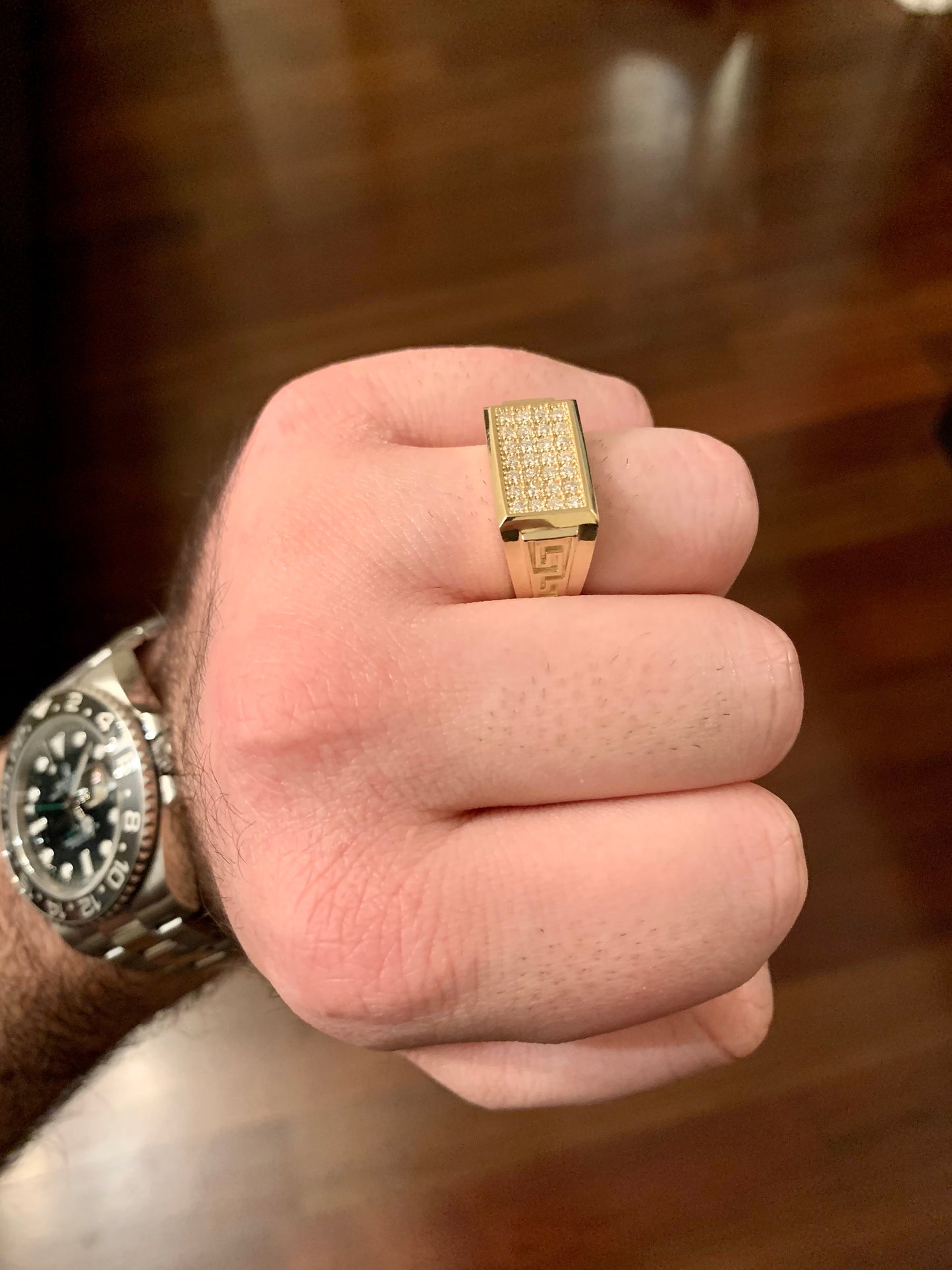 Rectangular Diamond Ring With Greek Key Band